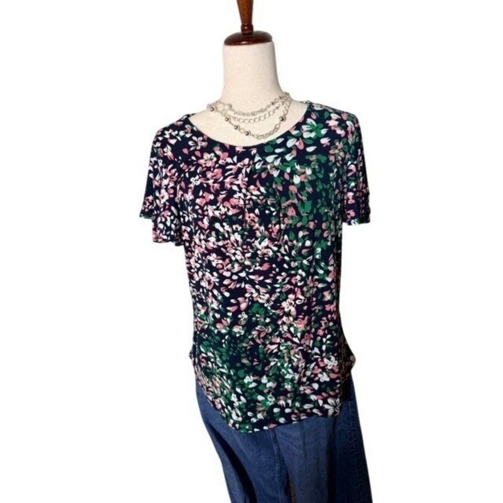 Liz Claiborne Blue Blouse w/floral Print Short Sleeve Top Size‎ Large - Picture 4 of 11